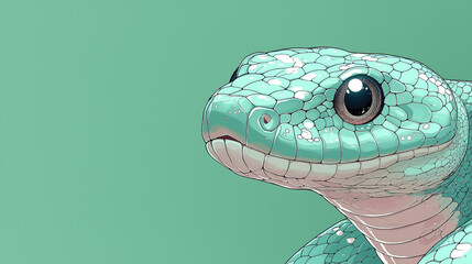 Naklejka premium Close-up of a light teal snake's head, detailed scales, and expressive eyes against a muted green background
