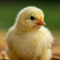 Close-up portrait of a fluffy yellow chick with a soft green background.