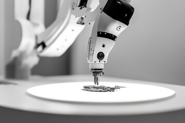 A robotic arm precisely positions small metallic components on a white surface, showcasing advanced automation in manufacturing.
