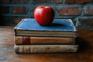 A red apple rests atop a stack of three vintage, worn books, suggesting knowledge and learning.