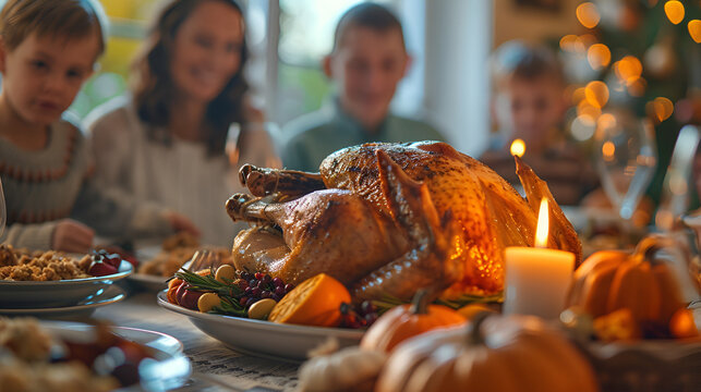Family gathering around a thanksgiving table with a roasted turkey and lit candle centerpiece feast