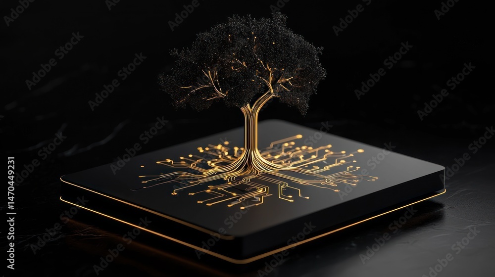 Poster a stylized tree growing from a circuit board platform