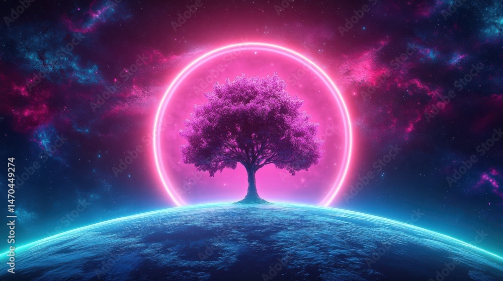 Aufkleber abstract neon background with a cosmic tree sprouting through a planet surrounded by a glowing neon 
