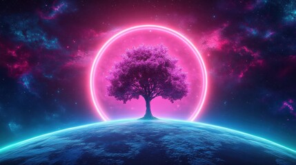 Abstract neon background with a cosmic tree sprouting through a planet surrounded by a glowing neon ring in pink and blue hues giving a mystical and futuristic vibe 3D illustration