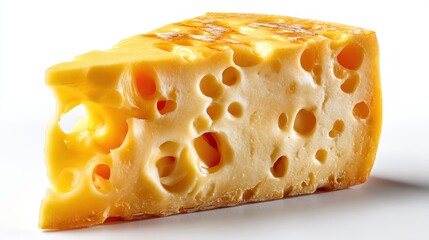 Piece of yellow cheese with characteristic holes, highlighting its smooth, creamy texture, isolated on a white background