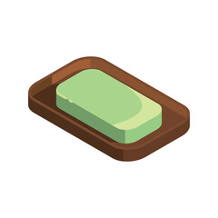 Isometric illustration of a wooden soap dish with a green olive soap bar. Perfect for organic cosmetics branding, skincare blogs, eco packaging design, or wellness-themed digital content.