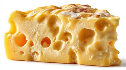 Piece of yellow cheese with characteristic holes, highlighting its smooth, creamy texture, isolated on a white background