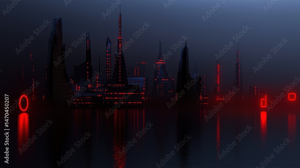 Poster a futuristic city skyline illuminated in a deep red glow