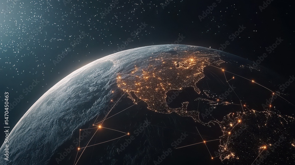 Poster an image of the globe seen from outer space, illuminated by network lines and nodes that depict conc