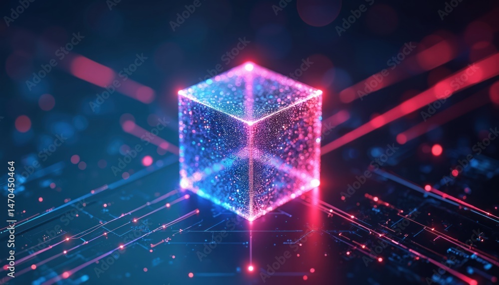 Aufkleber Abstract digital cube glowing lines, dots on dark blue background. Futuristic 3D render of technology, cyberspace, network, science concept. Modern digital design with bright neon colors. AI