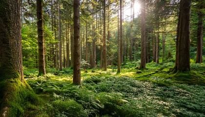 Fototapeta premium serene forest landscape with lush greenery and tall trees