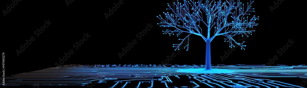 Poster A digital representation of a glowing circuit board tree