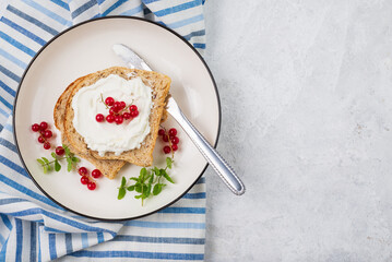 Whole grain sandwich with cream cheese or cottage cheese, mint and red currant on white plate top view with copy space