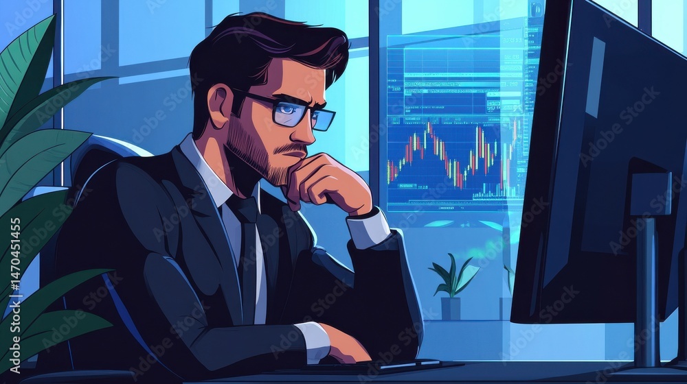 Poster serious business man trader analyst looking at computer monitor, investor broker analyzing indexes, 