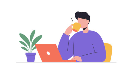 Man enjoying coffee while working on a laptop at a desk  