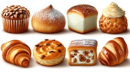 Set of delicious pastries and baked breads, isolated on a white background