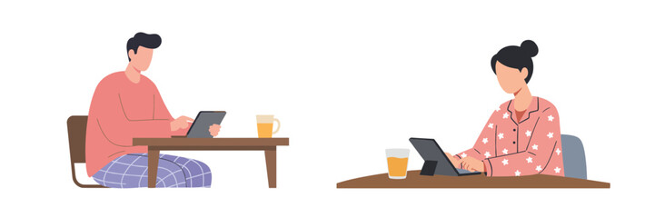 Remote workers using laptops with beverages in cozy setting  