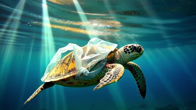 Turtle with a plastic bag in the ocean