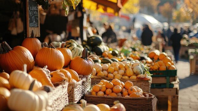 Autumn harvest market display of pumpkins and gourds.