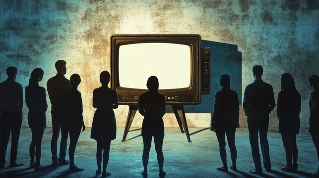 Creative TV manipulation and brainwash background with people and shadows illustration , no logos, no brands