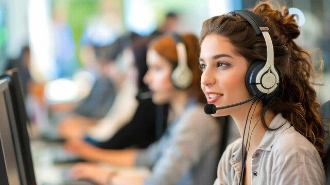 A smiling woman with a headset is in a bright, busy office environment, likely a call center or customer support area, assisting people. She looks friendly and ready to provide excellent service.