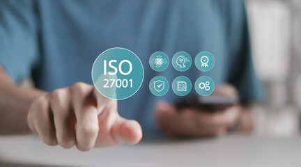 ISO 27001 concept. Requirements, certification, management, standards. ISO 27001 for information security management system (ISMS).