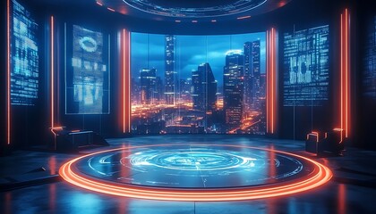 Futuristic Tech Room, Digital Interface, Holographic Platform, Night Cityscape View
