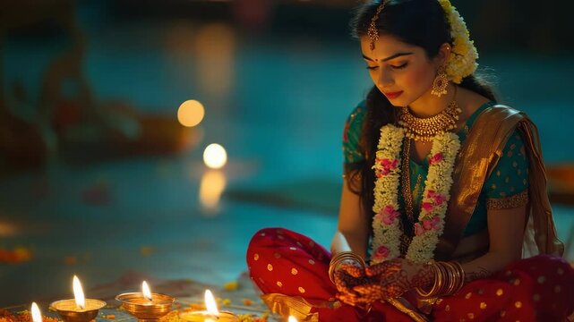 Joyful navratan video: sacred chant, durga blessing, seasonal devotion, divine presence, autumnal night, indian rite, goddess tribute, hindu worship, cultural essence, festive spirit