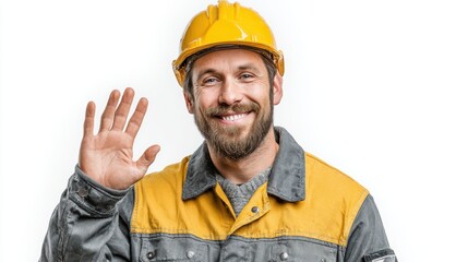 Portrait of a smiling construction worker in uniform and wearing a helmet, isolated on a white background