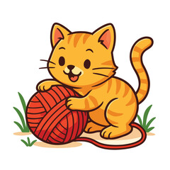 Adorable orange tabby kitten playing happily with a large red ball of yarn. Cute and colorful cartoon style illustration with a white background