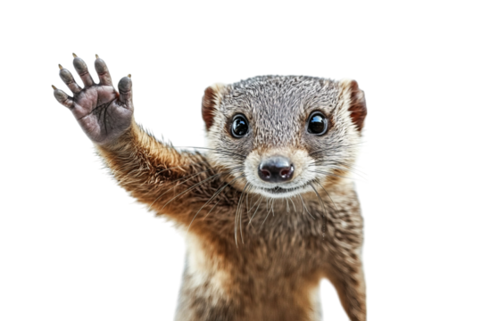 Cute mongoose waving hello with a friendly expression.