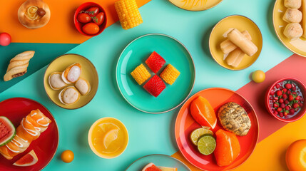 Colorful food arrangement on plates