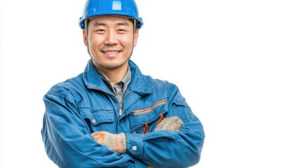 Portrait of a smiling Asian mechanic worker in a blue work uniform and helmet, isolated on a white background