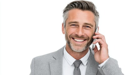 Smiling businessman having a phone conversation, appearing confident, professional, isolated on a white background