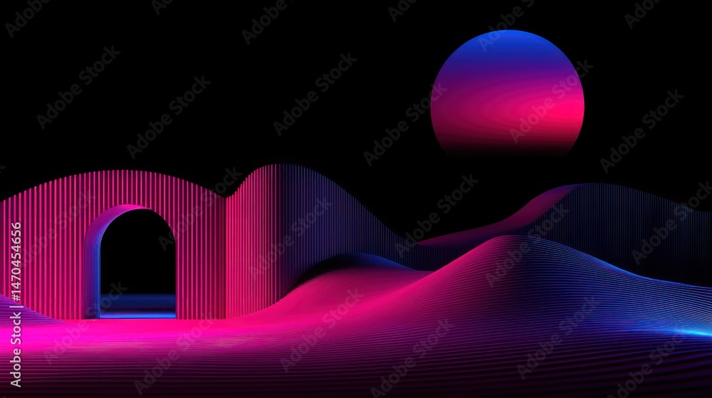 Poster abstract landscape features archway dunes and gradient colored planet