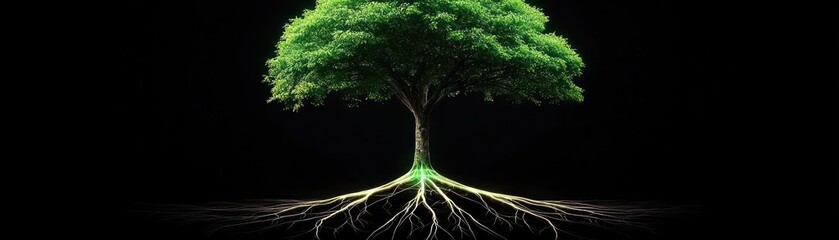 A vibrant green tree with prominent roots against black backdrop
