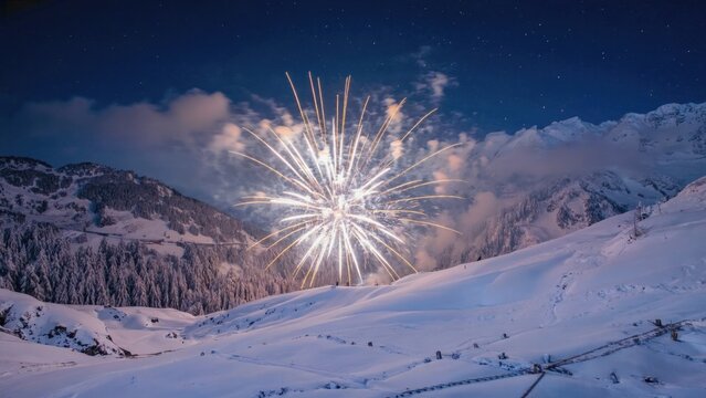 Fireworks burst over snowy mountain range at night
