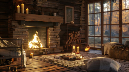 Cozy cabin fireplace autumn interior warmth relaxation home comfort rustic winter holiday season