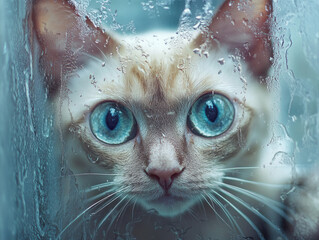 Close-up of a curious cat staring out of a rainy window, water droplets on glass, soft natural backlight, sharp focus on cat