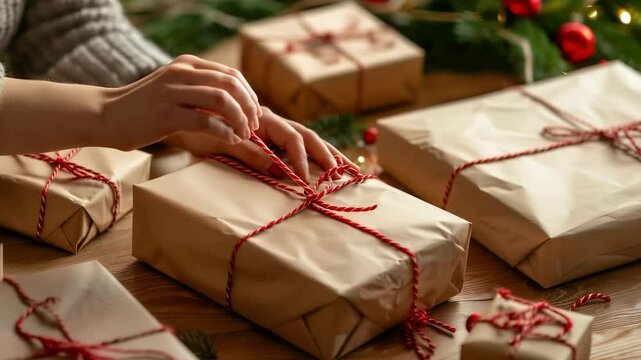 Close-up shot of hands tying a red and white twine bow around a brown paper-wrapped gift, with similar presents nearby on a wooden surface, suggesting a festive gift-wrapping scene.