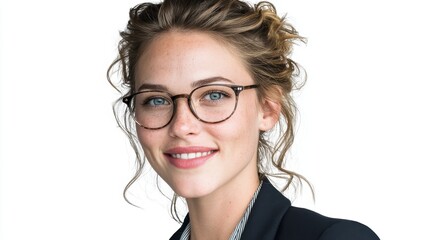 Obraz premium Portrait of a beautiful, smiling businesswoman in a suit, wearing glasses, isolated on background