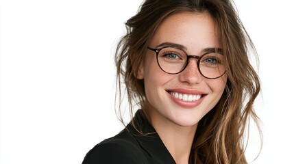 Obraz premium Portrait of a smiling young businesswoman wearing glasses, isolated on background