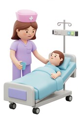 3D Cartoon Nurse Caring for Patient - Compassionate care, health, recovery, healing, hope. A 3D cartoon nurse gently attends to a young patient in a hospital bed