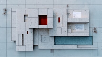 Fototapeta premium A modern concrete building with a red interior and pool