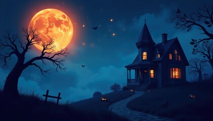 Spooky night scene with a full moon, haunted house, and spooky trees Perfect for Halloween themed projects , halloween backdrop, halloween, mystery