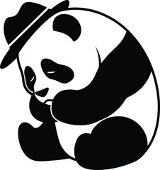 Melancholy Panda Wearing a Hat, Black and White Silhouette