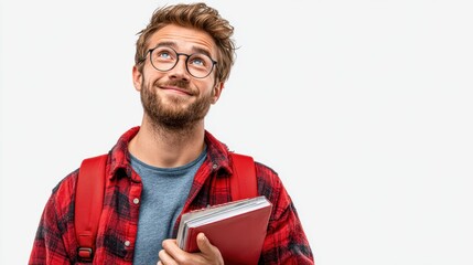 Smiling young male student holding a book and wearing a backpack, looking up, isolated on background