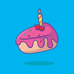 A piece of birthday cake with one candle on a light background.