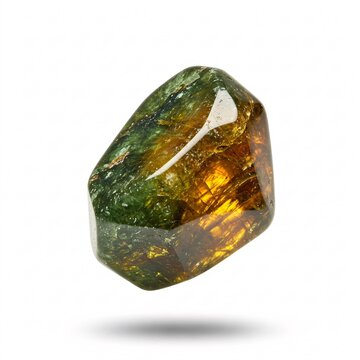 Shiny green and brown sphene stone levitating isolated on a white