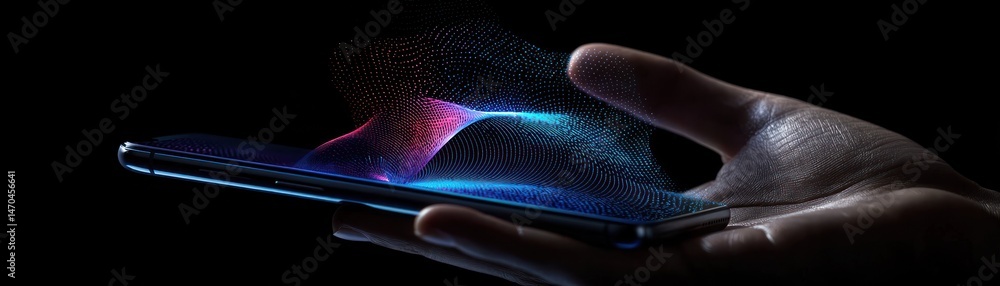Poster human hand holding a smartphone displaying digital data display